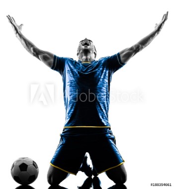 Picture of one caucasian soccer player man happy celebration in silhouette isolated on white background